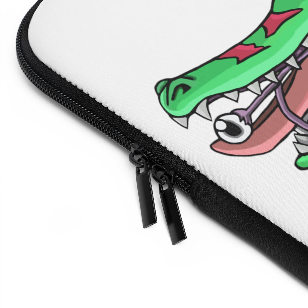 Crocodilas Laptop Sleeve featuring customizable front design and dual zipper enclosures, made from water-resistant neoprene material.