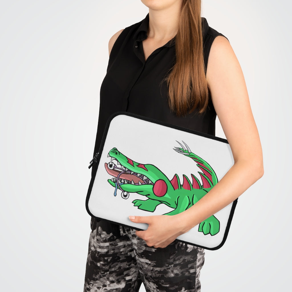 Crocodilas Laptop Sleeve featuring customizable front design and dual zipper enclosures, made from water-resistant neoprene material.