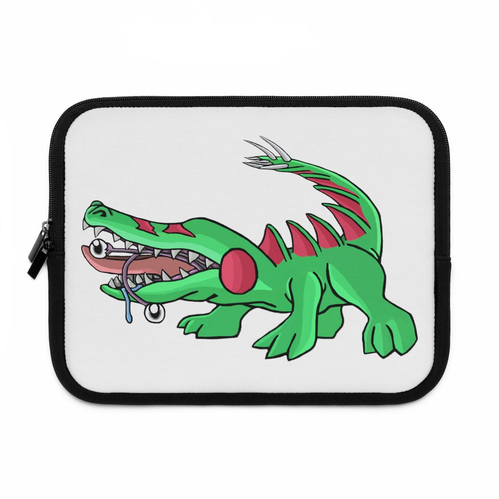 Crocodilas Laptop Sleeve featuring customizable front design and dual zipper enclosures, made from water-resistant neoprene material.