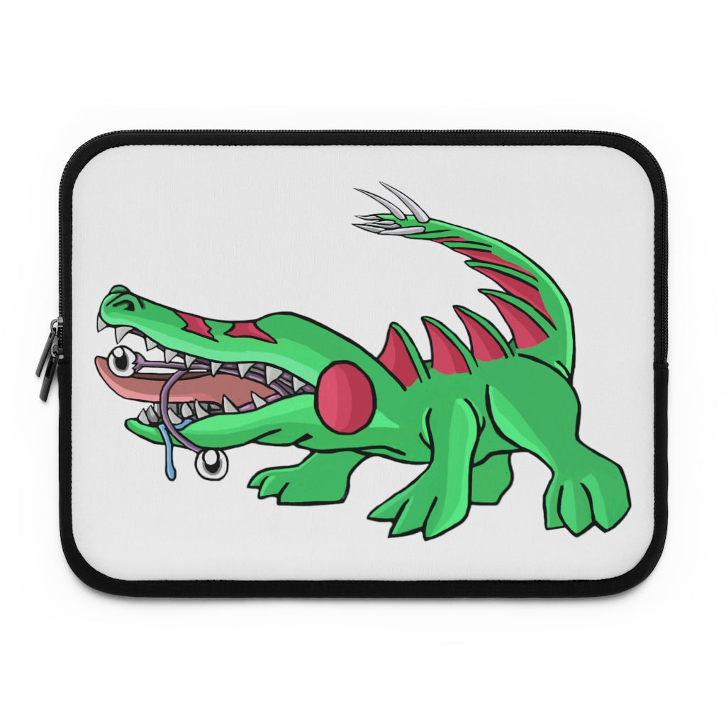 Crocodilas Laptop Sleeve featuring customizable front design and dual zipper enclosures, made from water-resistant neoprene material.