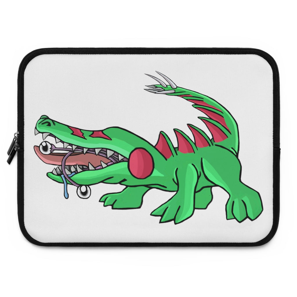 Crocodilas Laptop Sleeve featuring customizable front design and dual zipper enclosures, made from water-resistant neoprene material.