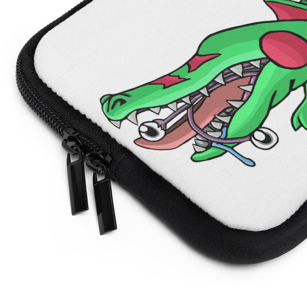 Crocodilas Laptop Sleeve featuring customizable front design and dual zipper enclosures, made from water-resistant neoprene material.