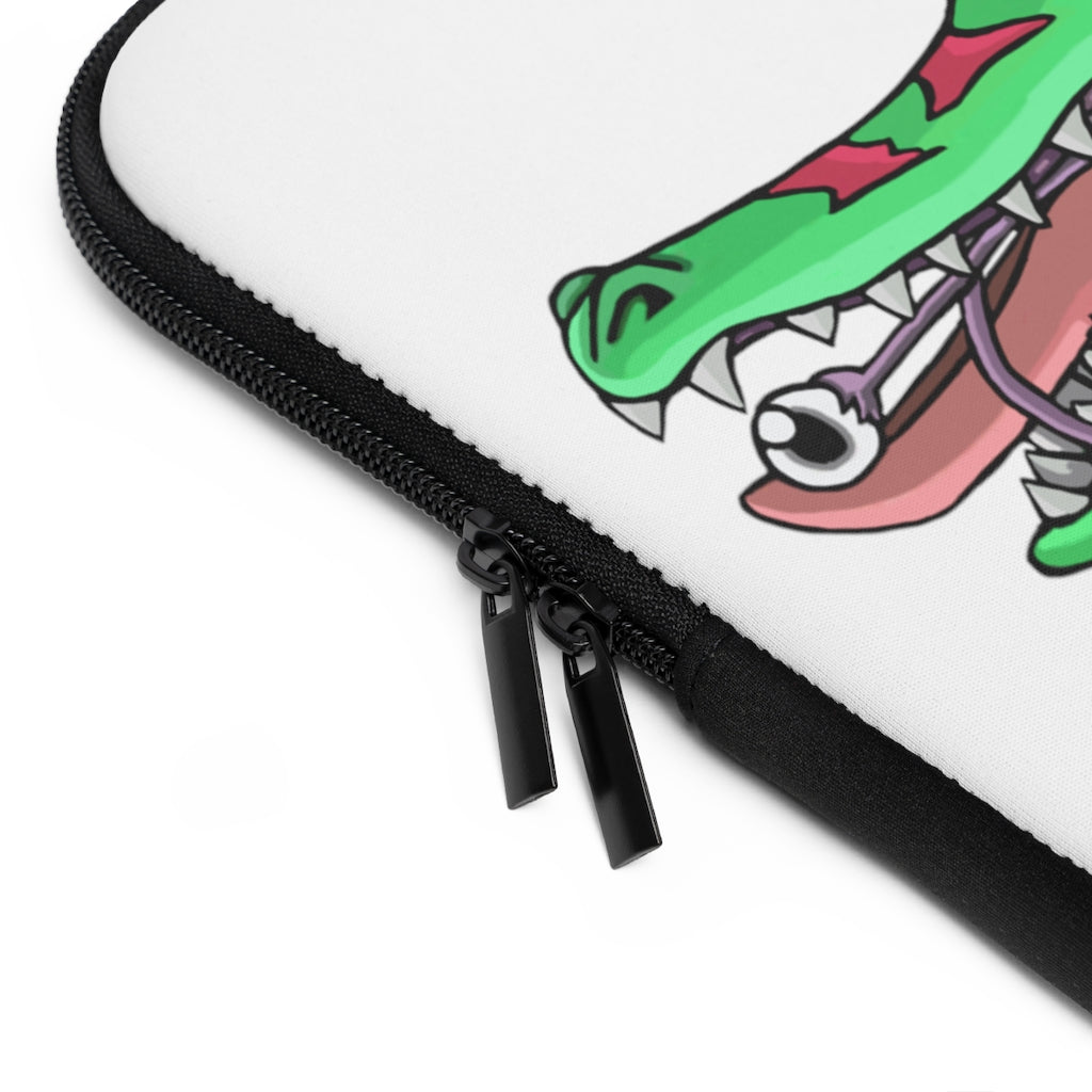 Crocodilas Laptop Sleeve featuring customizable front design and dual zipper enclosures, made from water-resistant neoprene material.