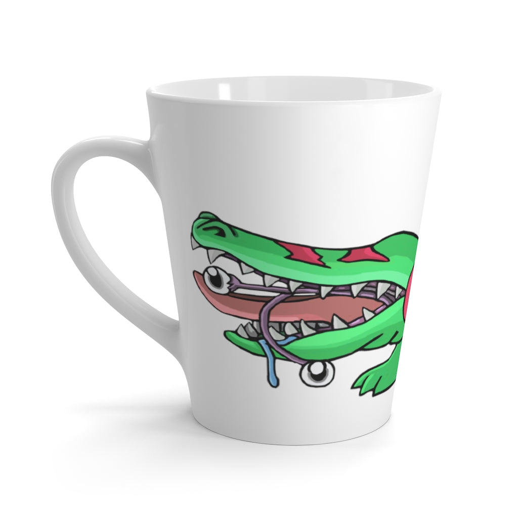 Crocodilas Latte Mug in white ceramic with vibrant sublimation print, featuring rounded corners and a comfortable C-handle.