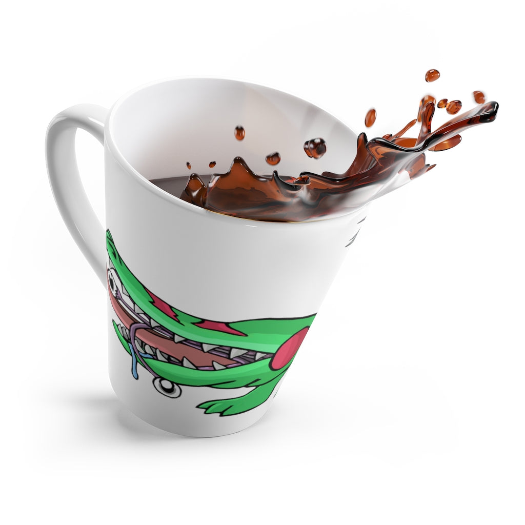 Crocodilas Latte Mug in white ceramic with vibrant sublimation print, featuring rounded corners and a comfortable C-handle.