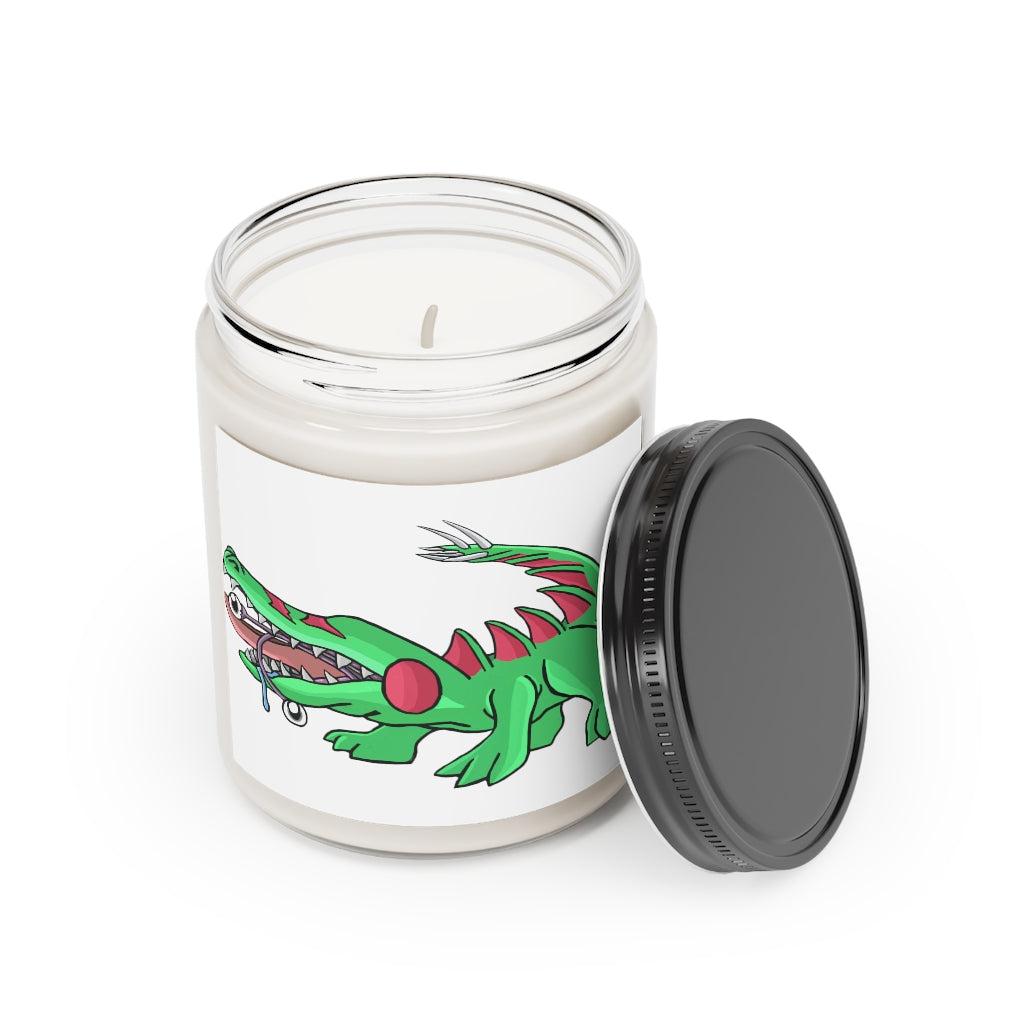 Crocodilas Scented Candle in a glass container, featuring a permanent label, available in Cinnamon Stick and Vanilla scents.