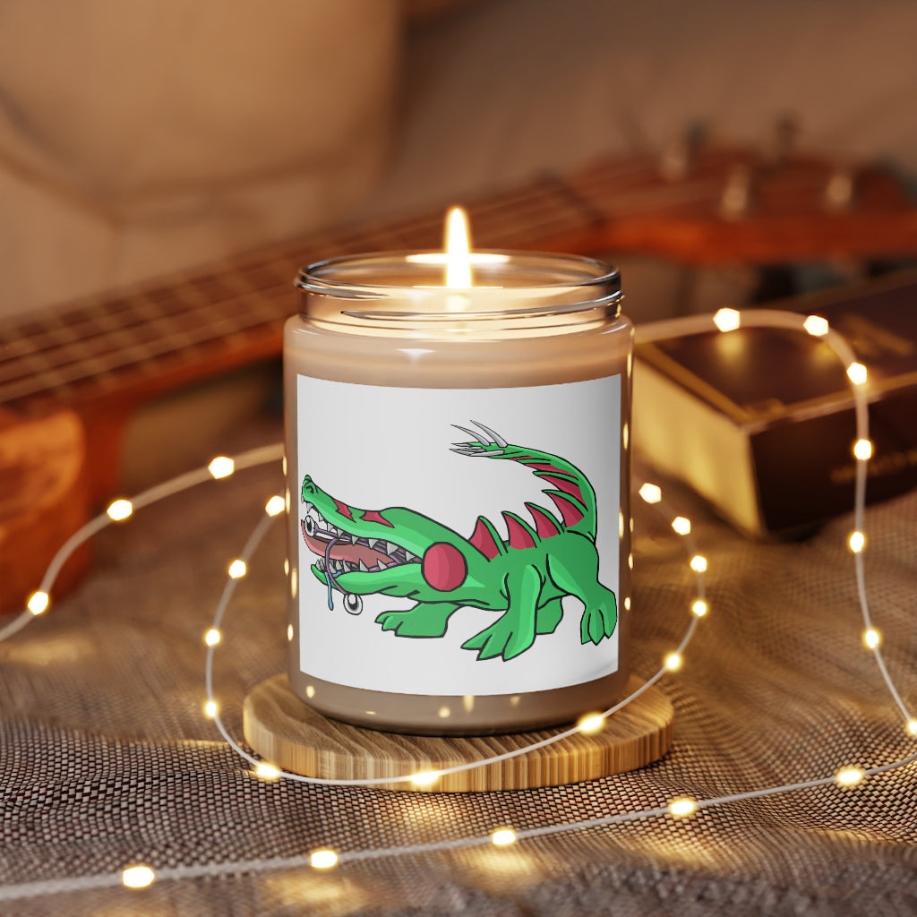 Crocodilas Scented Candle in a glass container, featuring a permanent label, available in Cinnamon Stick and Vanilla scents.