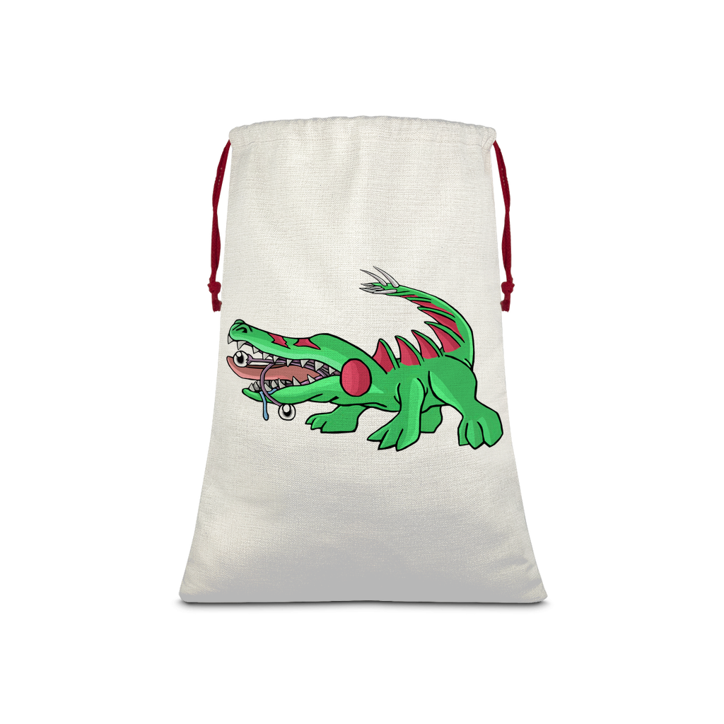 Crocodilas Sublimation Linen Drawstring Sack with red drawstring, showcasing eco-friendly printed design and linen effect.