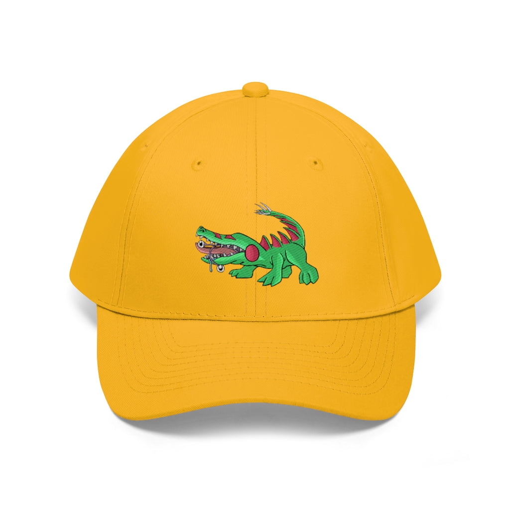 Crocodilas Unisex Twill Hat in solid color, showcasing its 6-panel design and adjustable Velcro closure.