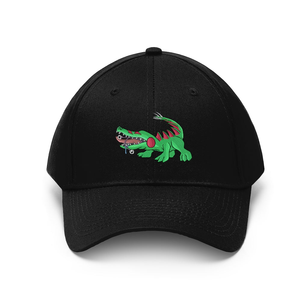 Crocodilas Unisex Twill Hat in solid color, showcasing its 6-panel design and adjustable Velcro closure.