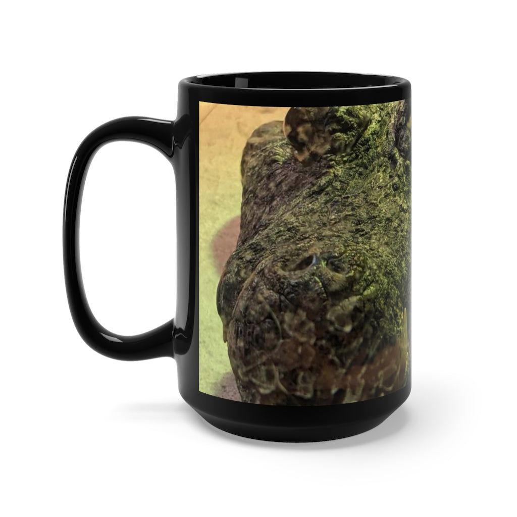 Crocodile Black Mug 15oz featuring a sleek black ceramic design with rounded corners and a comfortable C-handle.