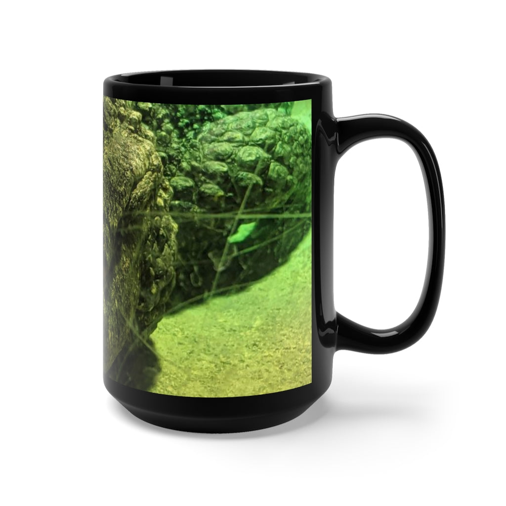 Crocodile Black Mug 15oz featuring a sleek black ceramic design with rounded corners and a comfortable C-handle.