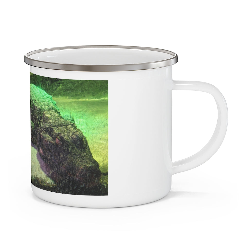 Crocodile Enamel Camping Mug with a vibrant design, showcasing its durable stainless steel construction and comfortable C-handle.