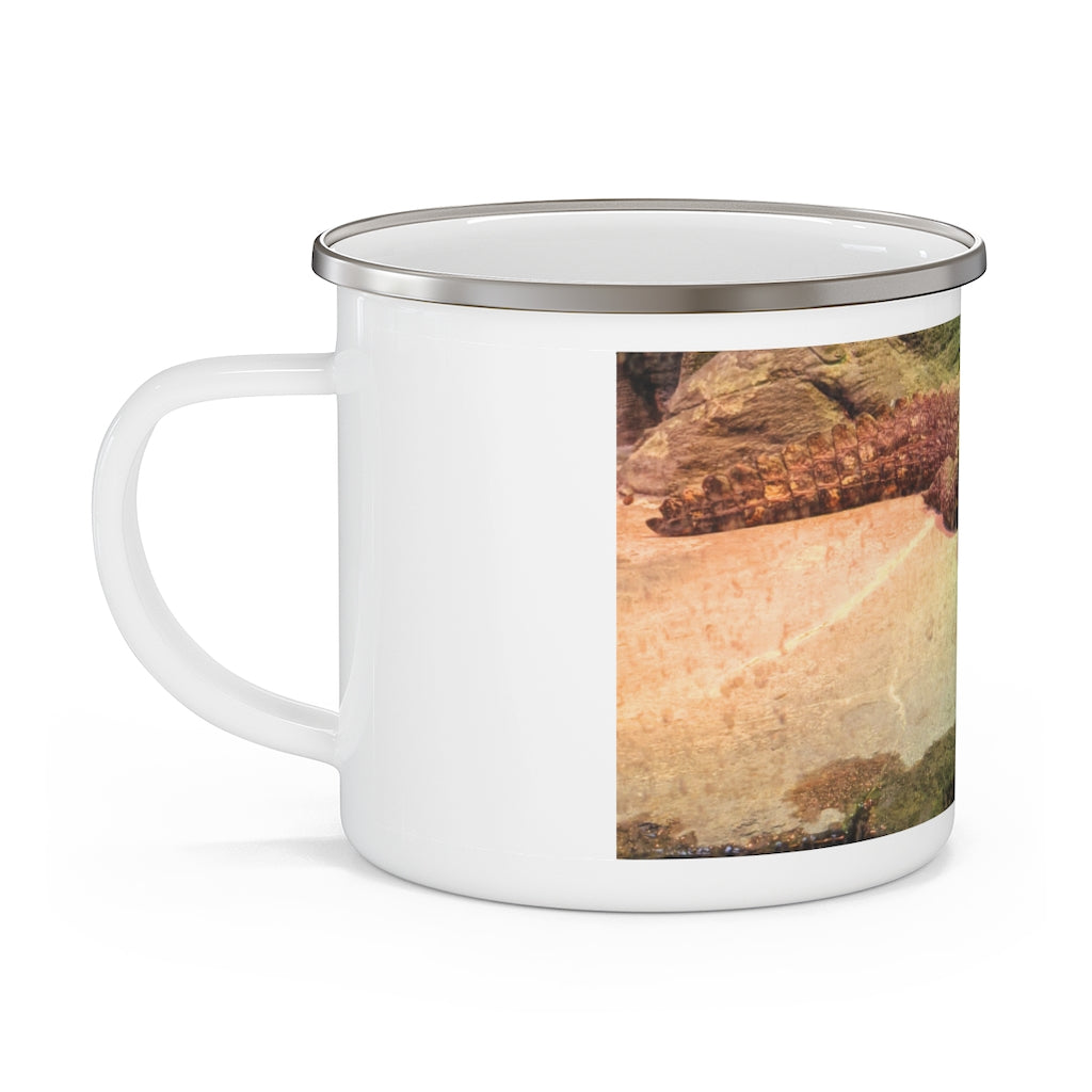 Crocodile Enamel Camping Mug with a vibrant design, showcasing its durable stainless steel construction and comfortable C-handle.