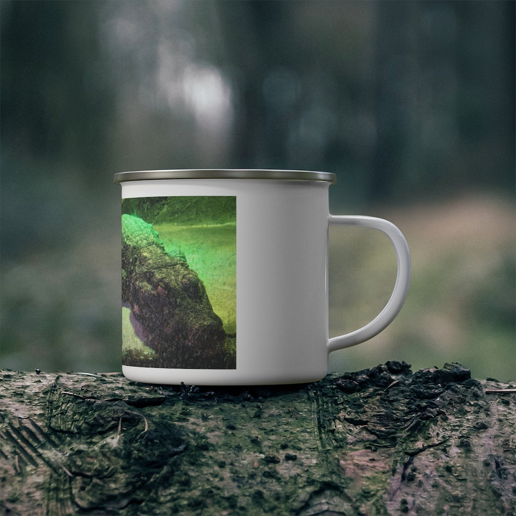 Crocodile Enamel Camping Mug with a vibrant design, showcasing its durable stainless steel construction and comfortable C-handle.