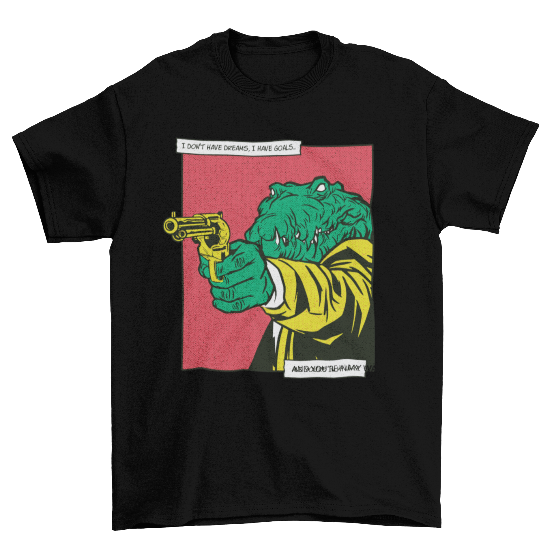 A humorous t-shirt design featuring a crocodile holding a gun, showcasing vibrant colors and a playful comic style.