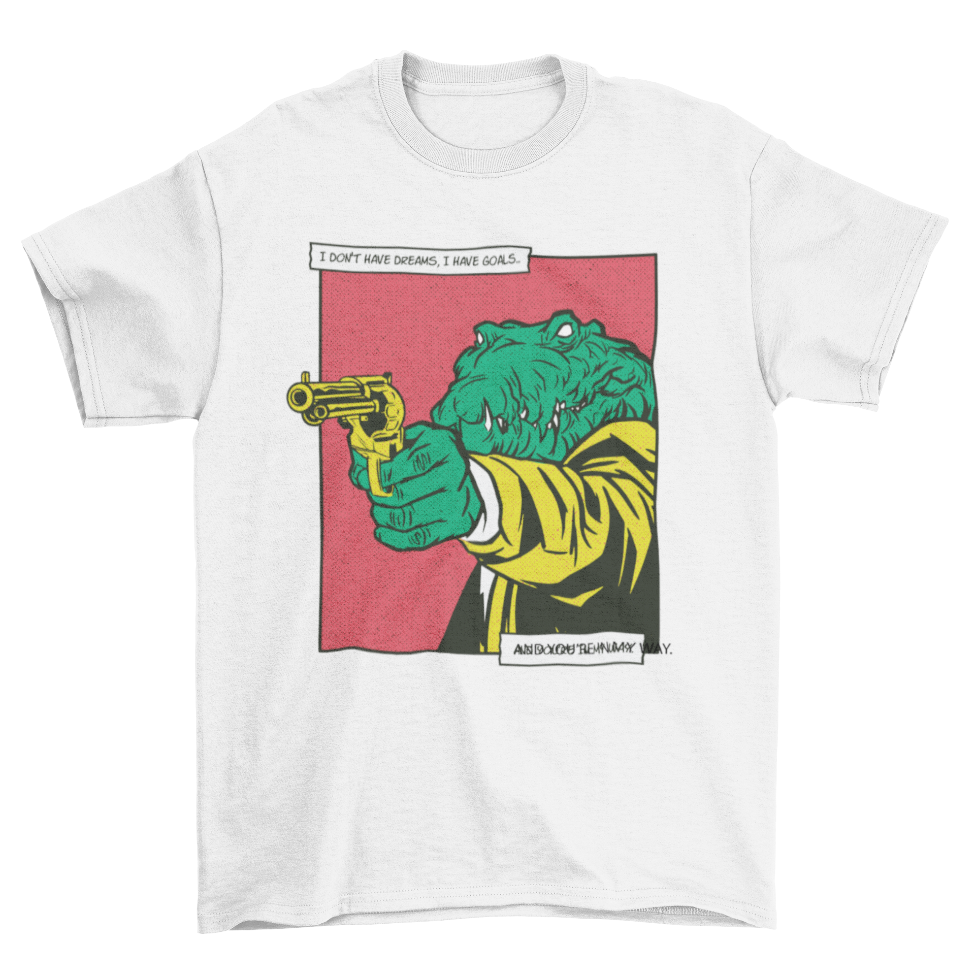 A humorous t-shirt design featuring a crocodile holding a gun, showcasing vibrant colors and a playful comic style.