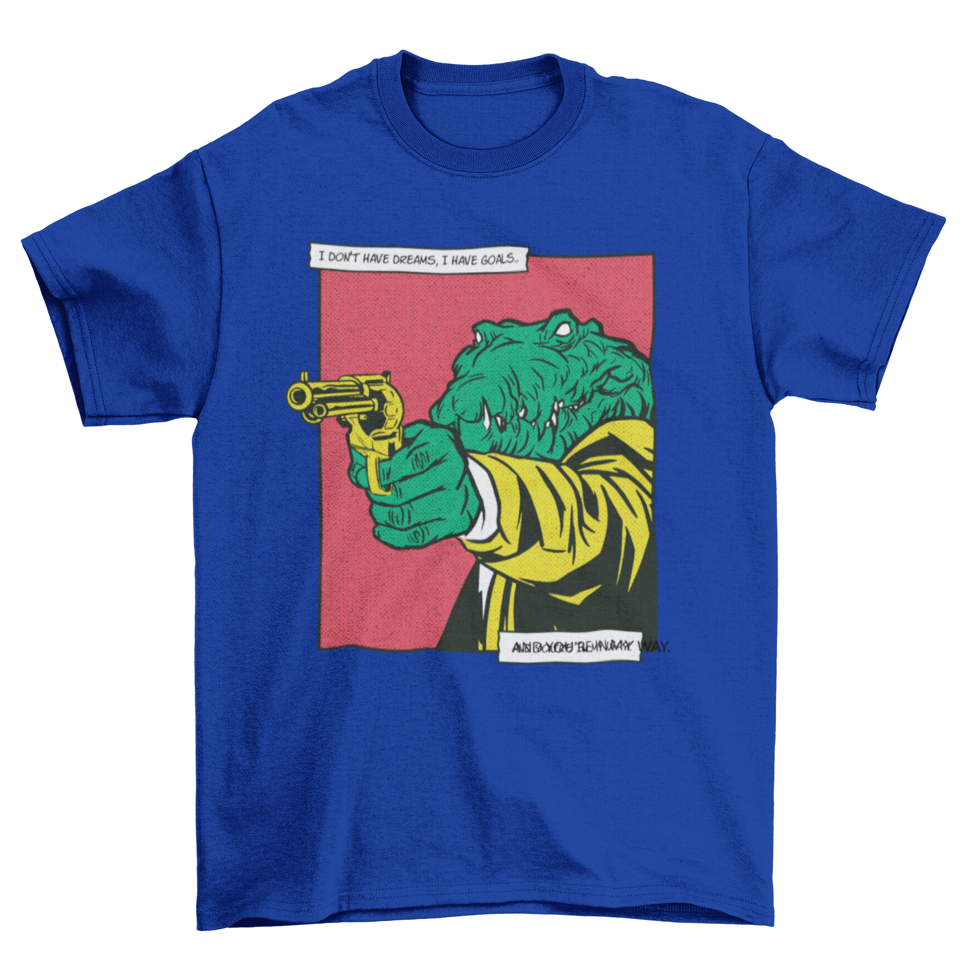 A humorous t-shirt design featuring a crocodile holding a gun, showcasing vibrant colors and a playful comic style.