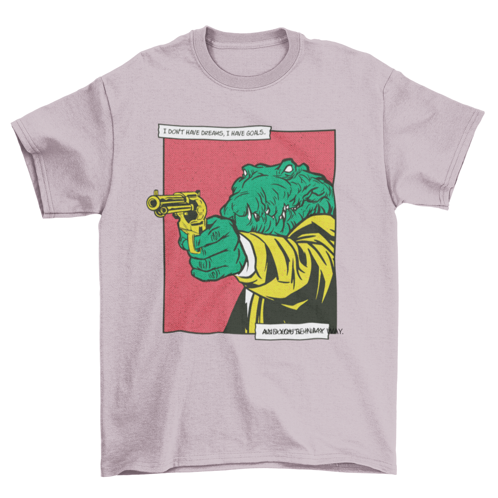 A humorous t-shirt design featuring a crocodile holding a gun, showcasing vibrant colors and a playful comic style.