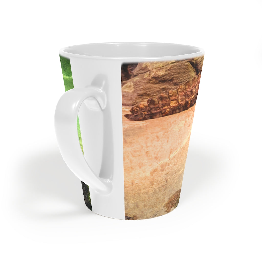 Crocodile Latte Mug, 12oz, featuring a durable white ceramic body and easy-grip handle, perfect for personalized beverages.