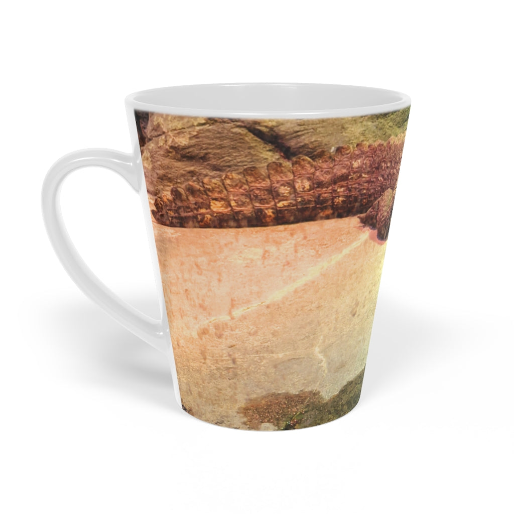 Crocodile Latte Mug, 12oz, featuring a durable white ceramic body and easy-grip handle, perfect for personalized beverages.