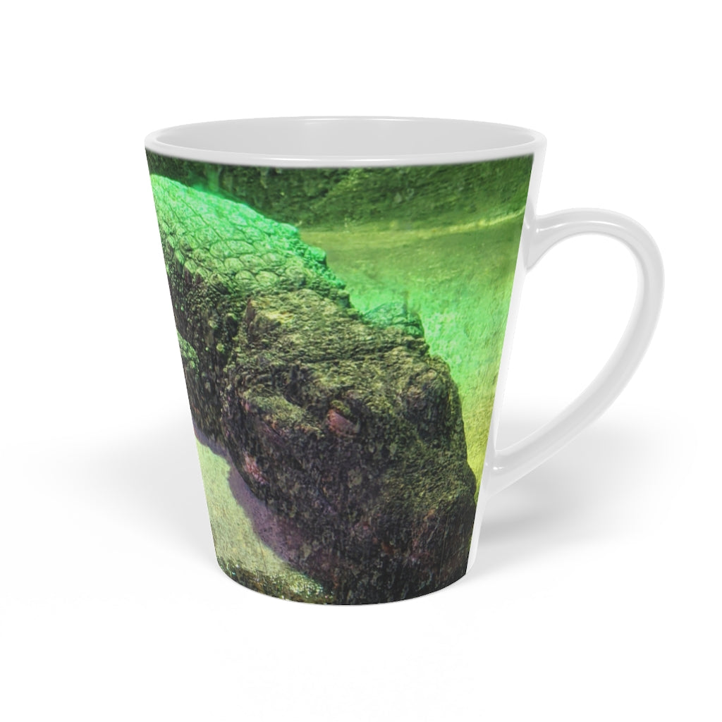 Crocodile Latte Mug, 12oz, featuring a durable white ceramic body and easy-grip handle, perfect for personalized beverages.