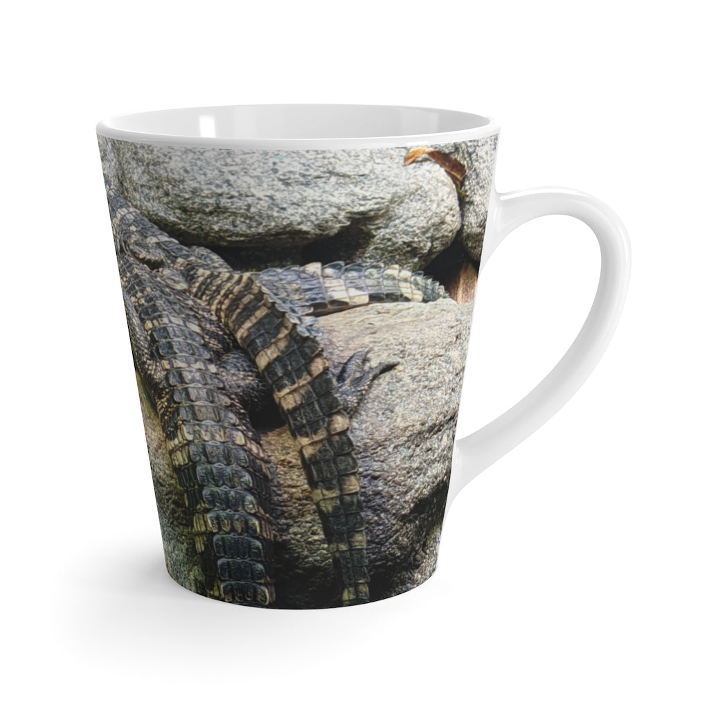 Crocodile Latte Mug featuring a unique crocodile design, made of durable white ceramic with a comfortable C-handle.