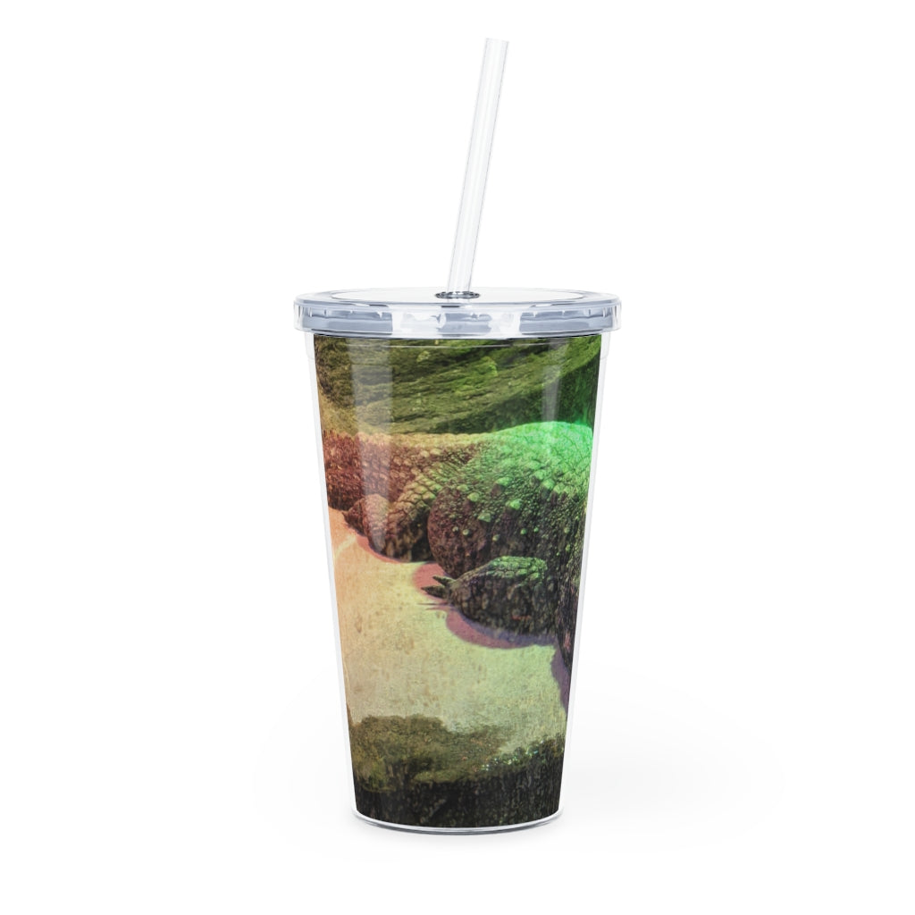 Crocodile Plastic Tumbler with Straw, featuring a customizable design and double wall insulation, perfect for drinks at events.