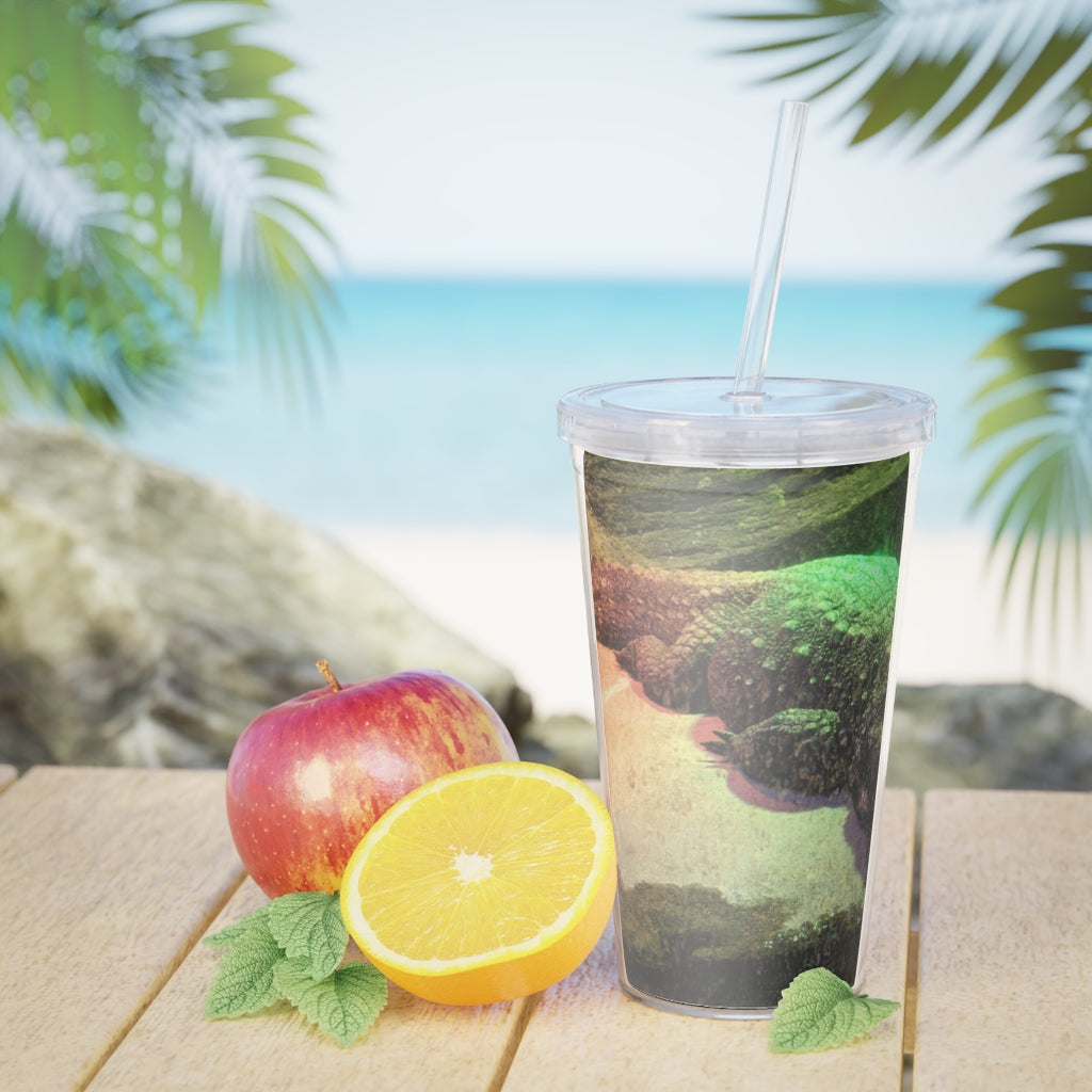 Crocodile Plastic Tumbler with Straw, featuring a customizable design and double wall insulation, perfect for drinks at events.