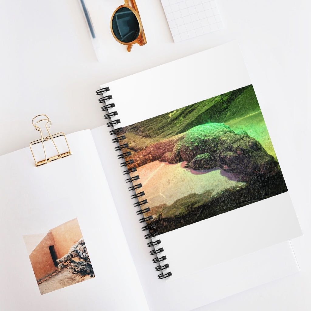 Crocodile Spiral Notebook with ruled line pages and a colorful printed cover, featuring a black back cover.