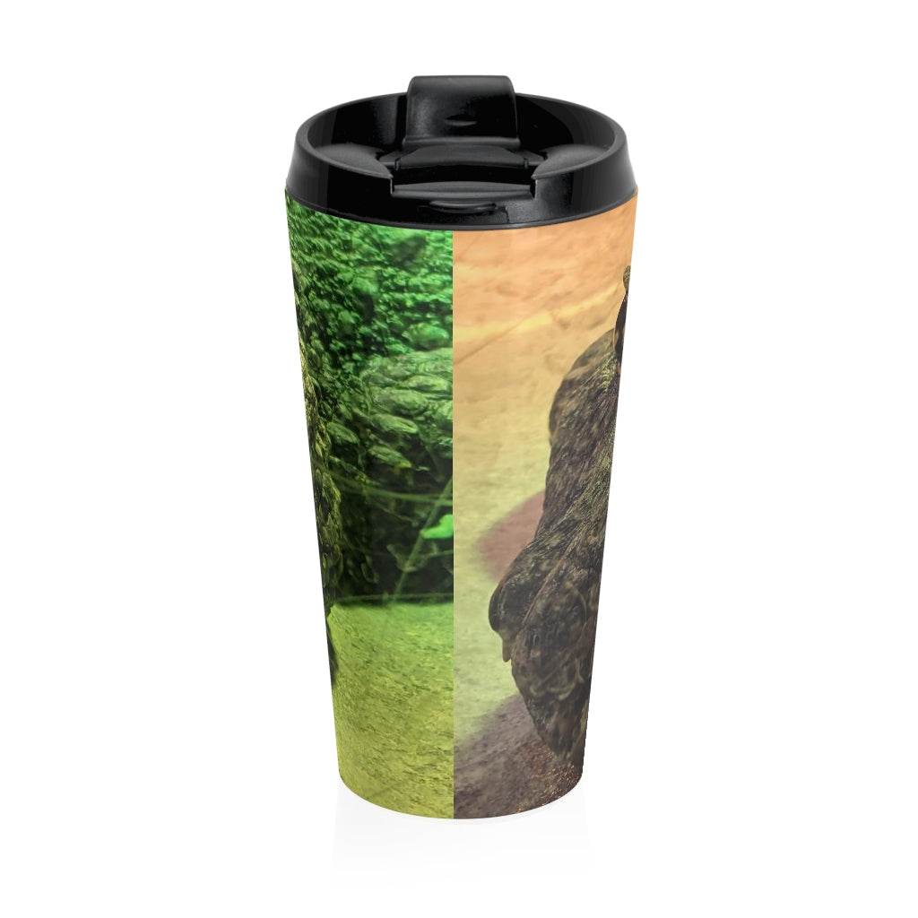 Crocodile Stainless Steel Travel Mug with black lid, showcasing vibrant sublimation printing.