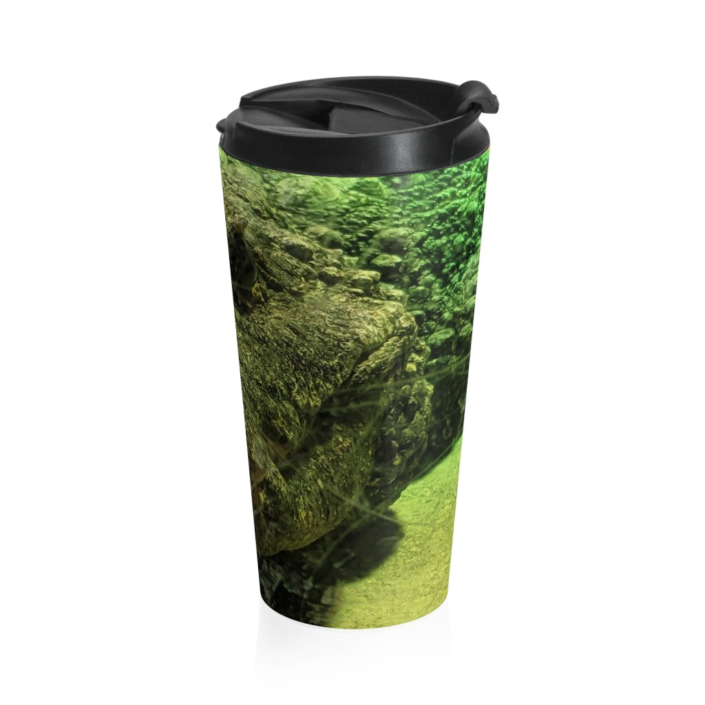 Crocodile Stainless Steel Travel Mug with black lid, showcasing vibrant sublimation printing.