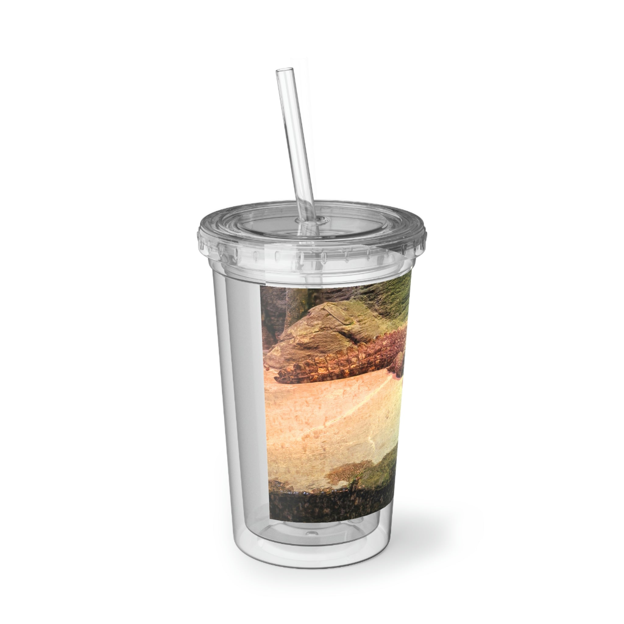 Crocodile Suave Acrylic Cup in stainless steel with a black cap and straw, showcasing a customizable design.