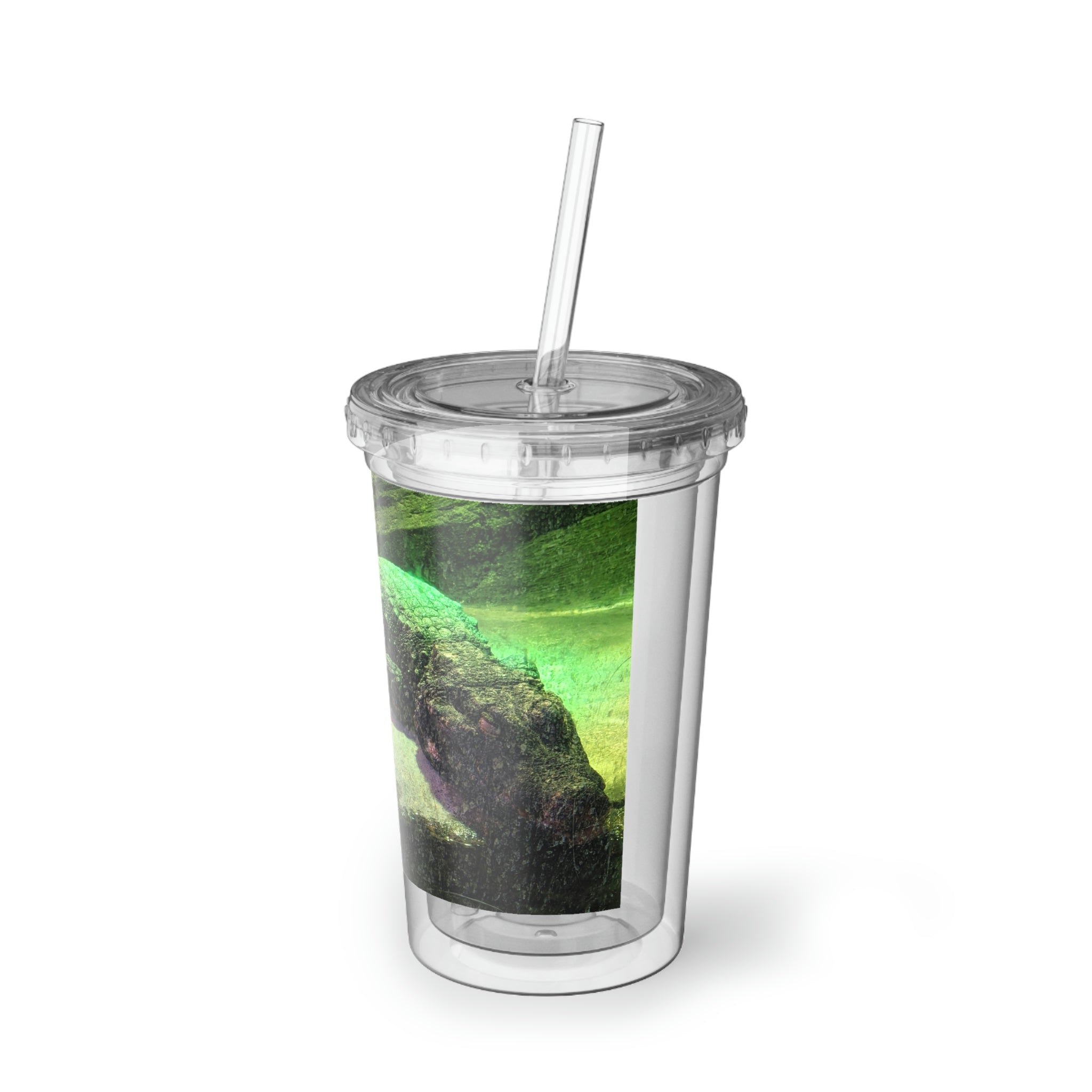 Crocodile Suave Acrylic Cup in stainless steel with a black cap and straw, showcasing a customizable design.