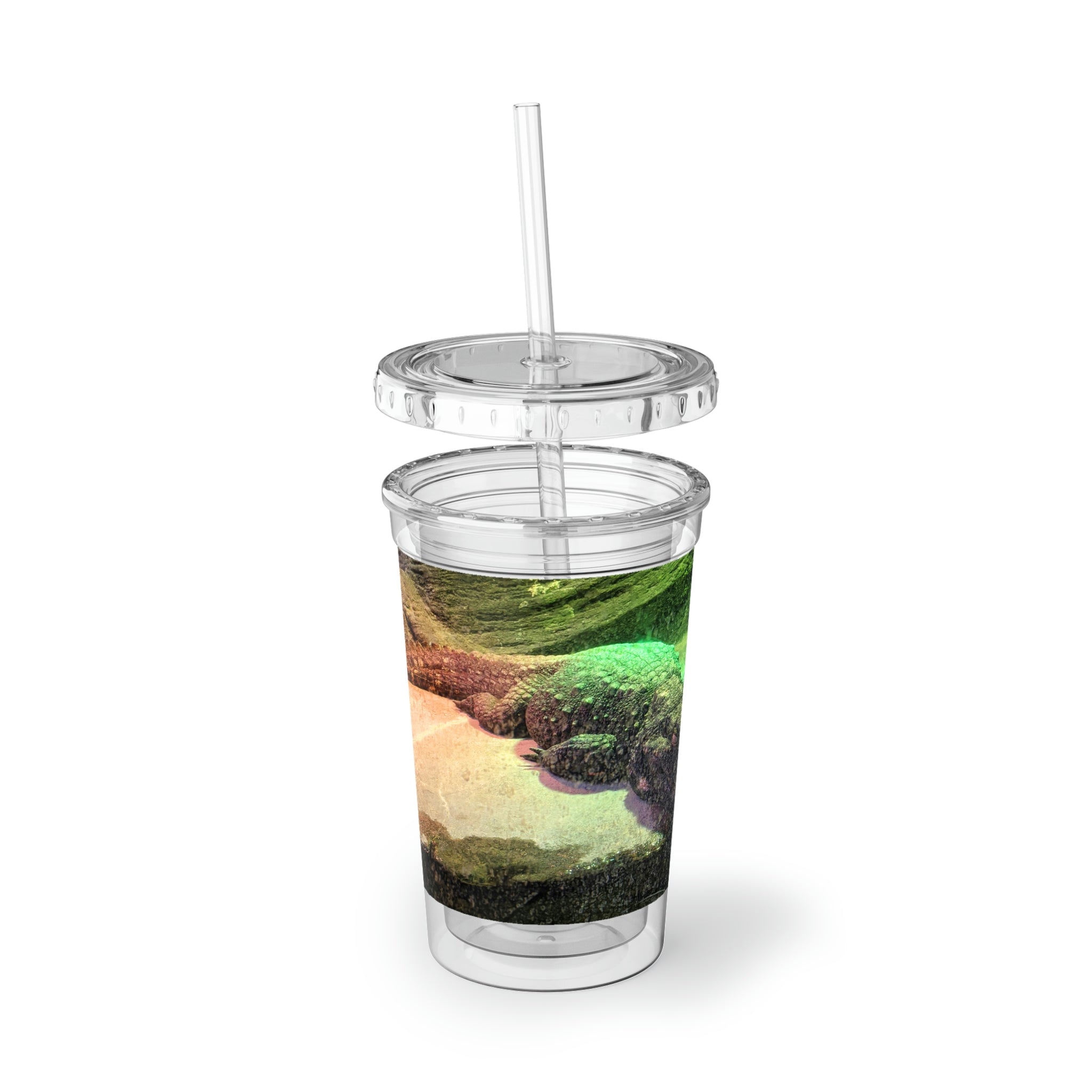 Crocodile Suave Acrylic Cup in stainless steel with a black cap and straw, showcasing a customizable design.