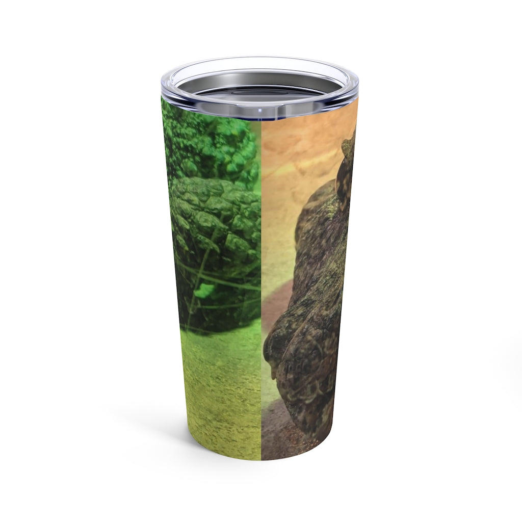 Crocodile Tumbler 20oz in stainless steel with a see-thru plastic lid, showcasing its sleek design and rounded corners.