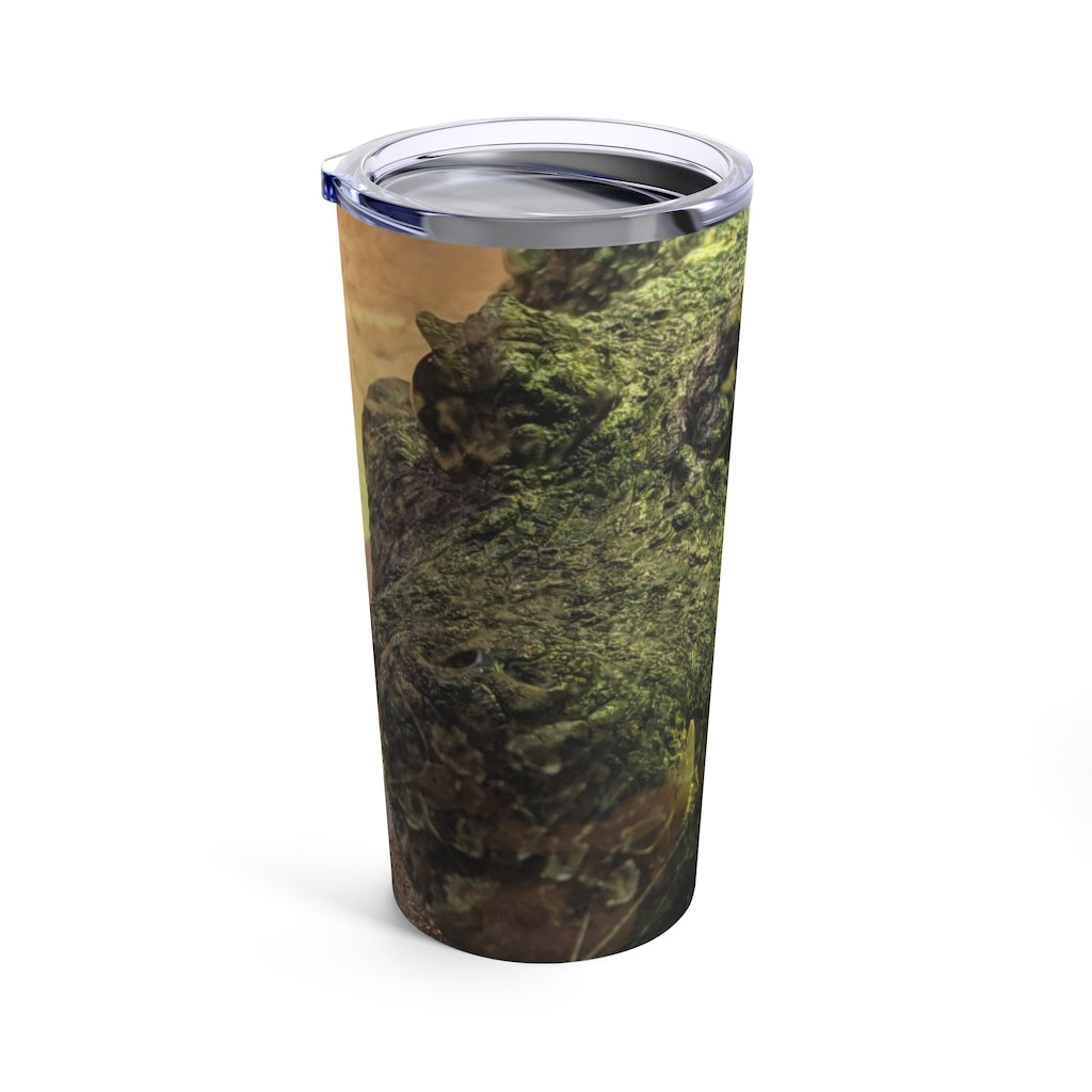 Crocodile Tumbler 20oz in stainless steel with a see-thru plastic lid, showcasing its sleek design and rounded corners.