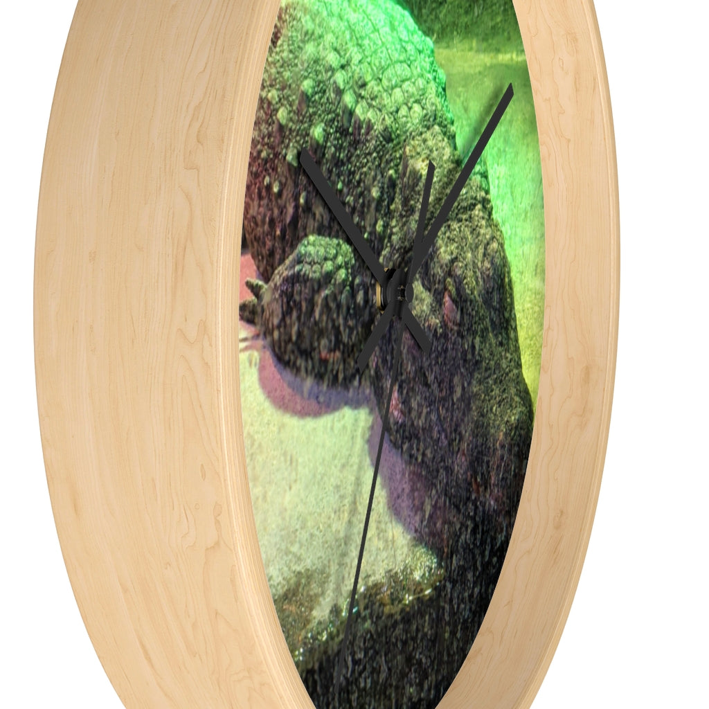 A stylish Crocodile Wall Clock featuring a unique crocodile design with a wooden frame and plexiglass face, perfect for indoor decor.