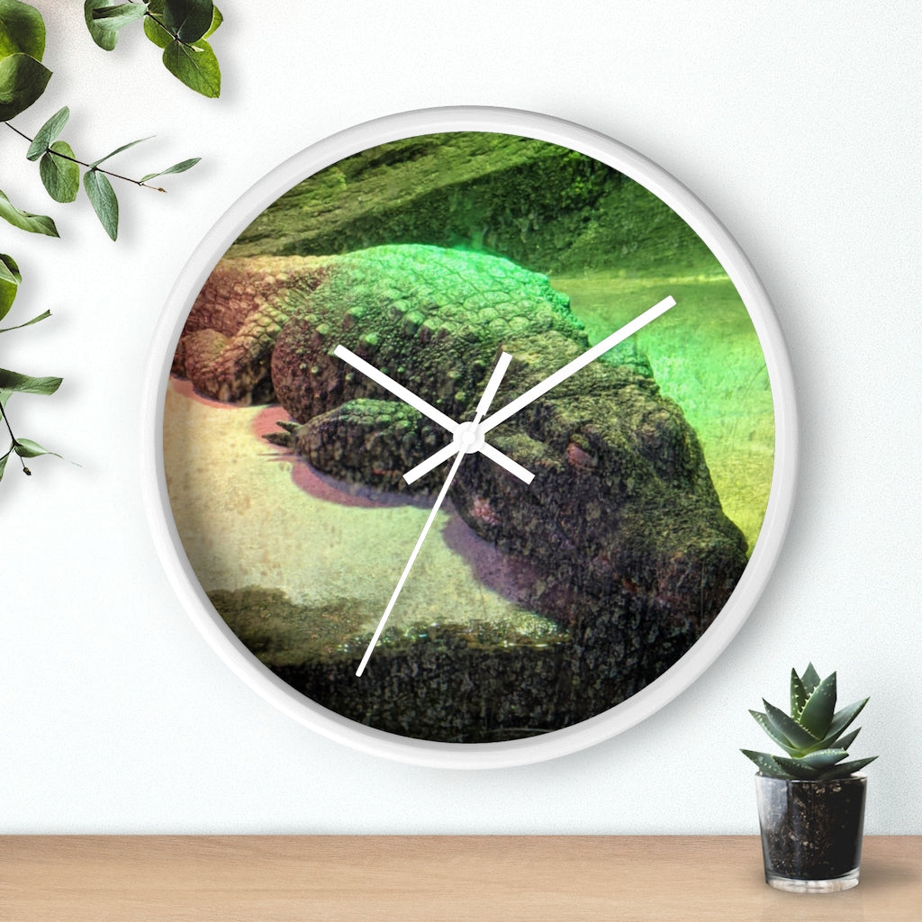 A stylish Crocodile Wall Clock featuring a unique crocodile design with a wooden frame and plexiglass face, perfect for indoor decor.