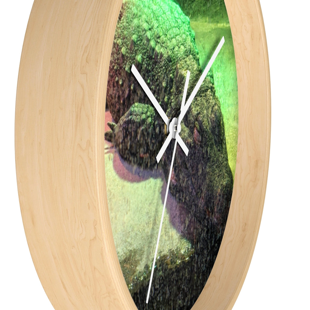 A stylish Crocodile Wall Clock featuring a unique crocodile design with a wooden frame and plexiglass face, perfect for indoor decor.