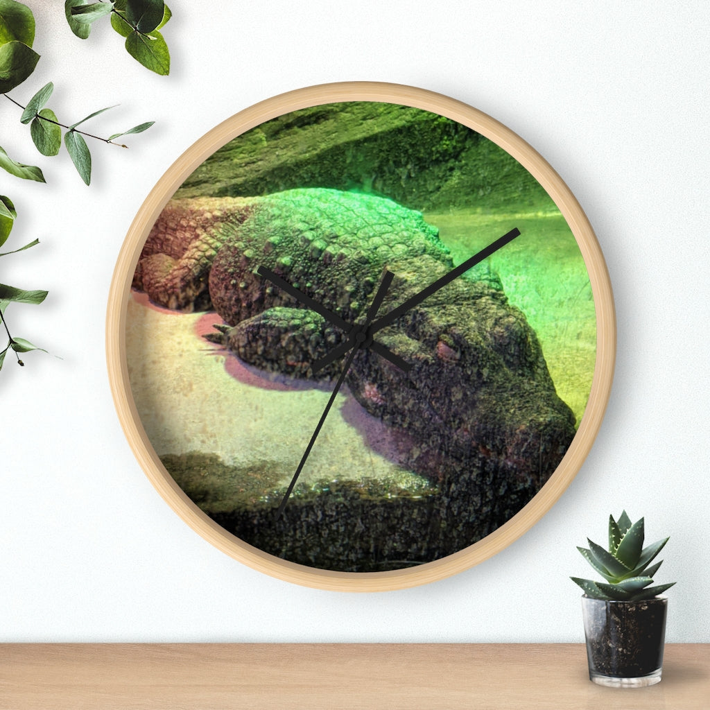 A stylish Crocodile Wall Clock featuring a unique crocodile design with a wooden frame and plexiglass face, perfect for indoor decor.