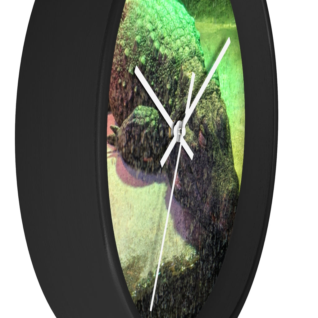 A stylish Crocodile Wall Clock featuring a unique crocodile design with a wooden frame and plexiglass face, perfect for indoor decor.