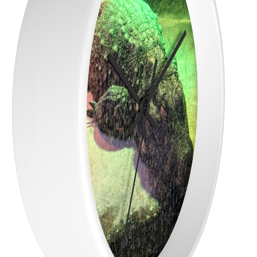 A stylish Crocodile Wall Clock featuring a unique crocodile design with a wooden frame and plexiglass face, perfect for indoor decor.