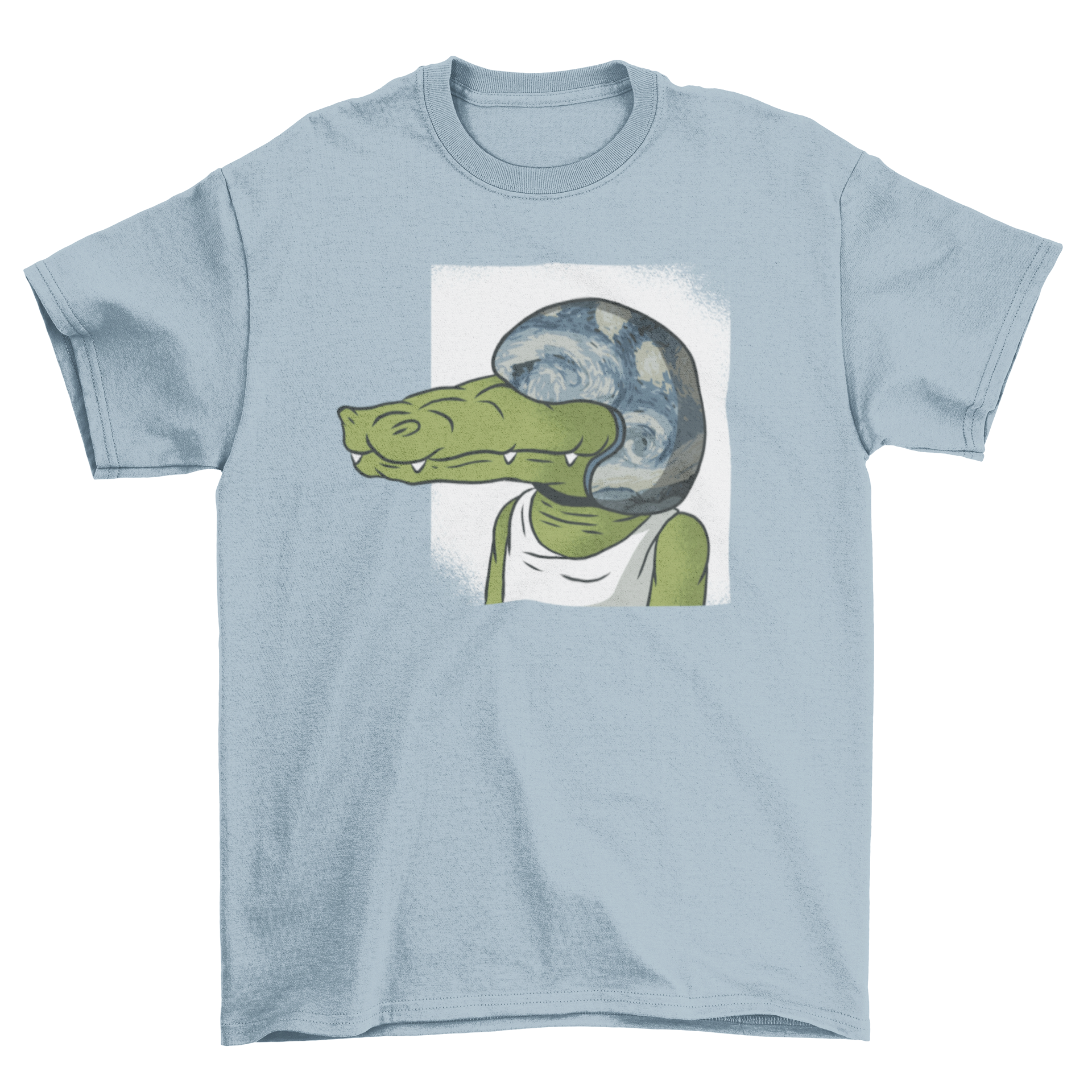 A humorous t-shirt featuring a cartoon crocodile wearing a helmet, showcasing a fun and playful design.