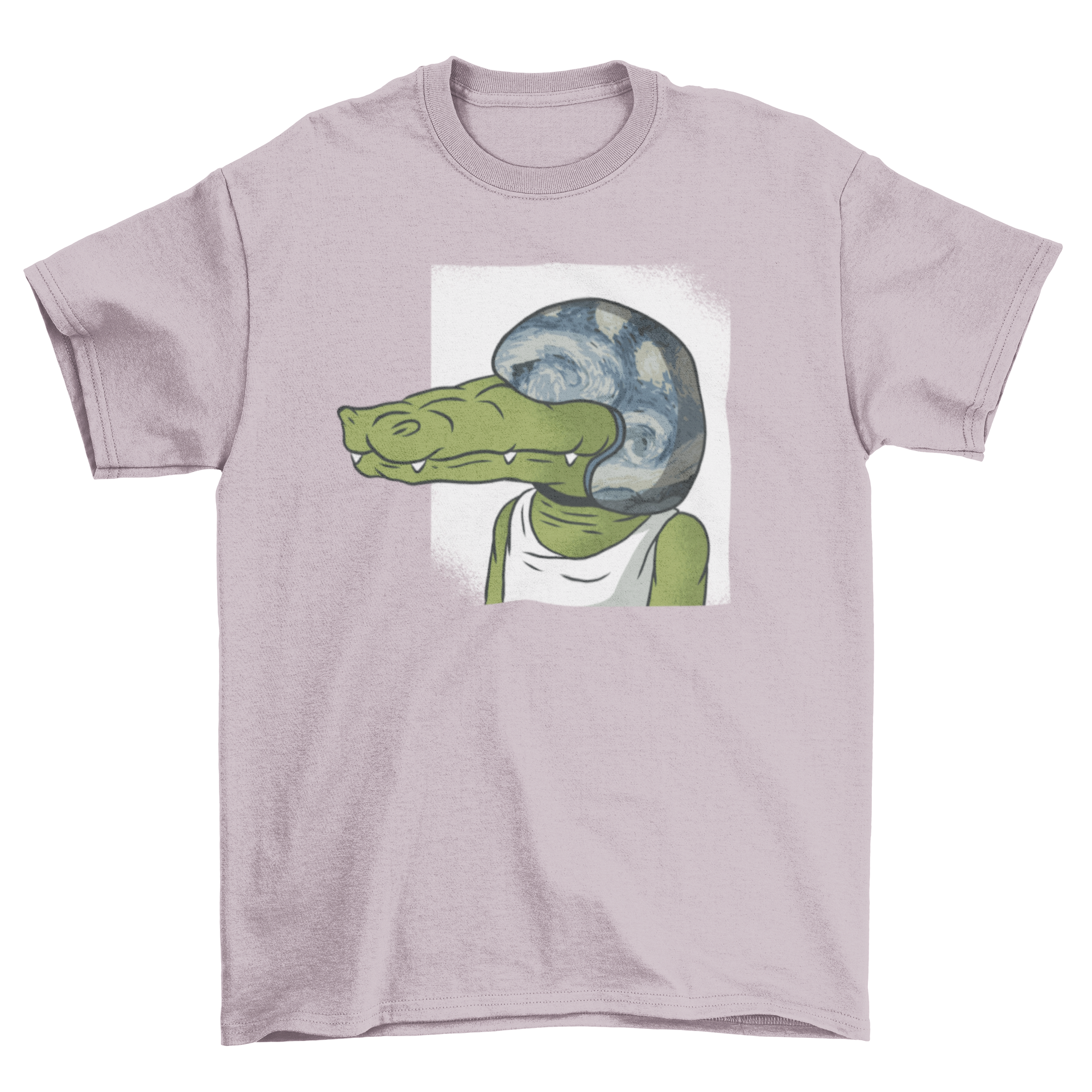 A humorous t-shirt featuring a cartoon crocodile wearing a helmet, showcasing a fun and playful design.