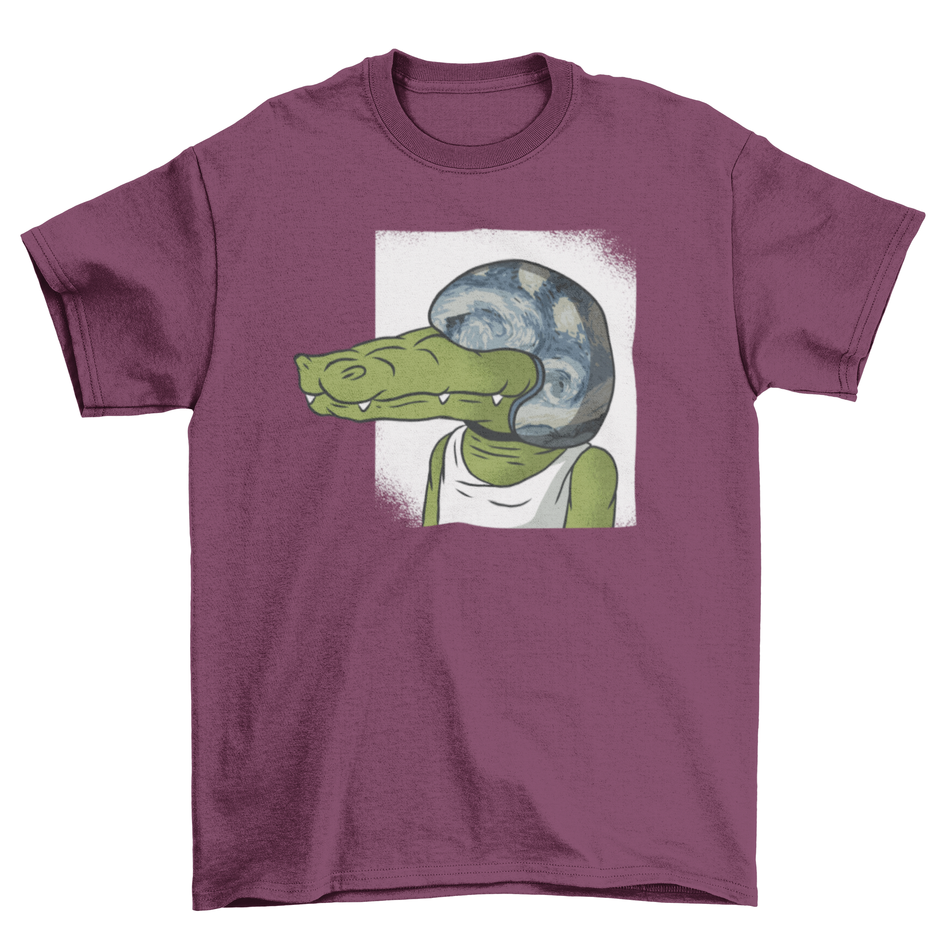 A humorous t-shirt featuring a cartoon crocodile wearing a helmet, showcasing a fun and playful design.