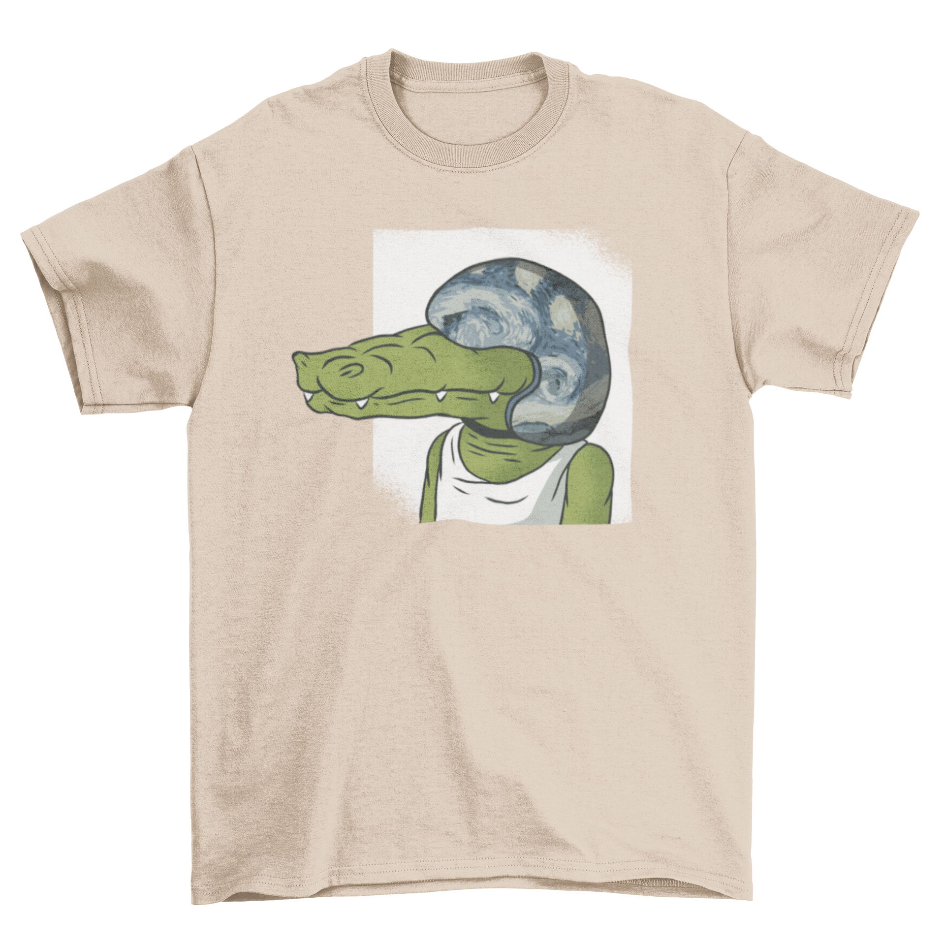 A humorous t-shirt featuring a cartoon crocodile wearing a helmet, showcasing a fun and playful design.