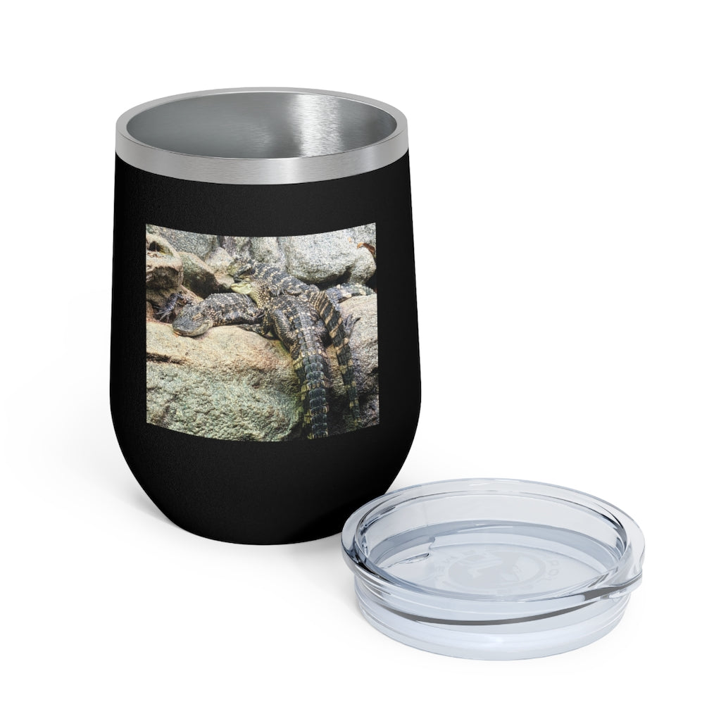 Crocodiles 12oz Insulated Wine Tumbler with clear lid, showcasing stylish design and stainless steel finish.