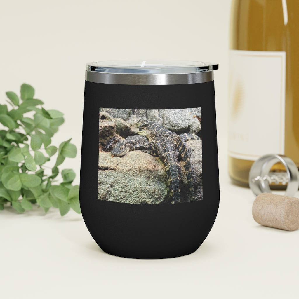 Crocodiles 12oz Insulated Wine Tumbler with clear lid, showcasing stylish design and stainless steel finish.