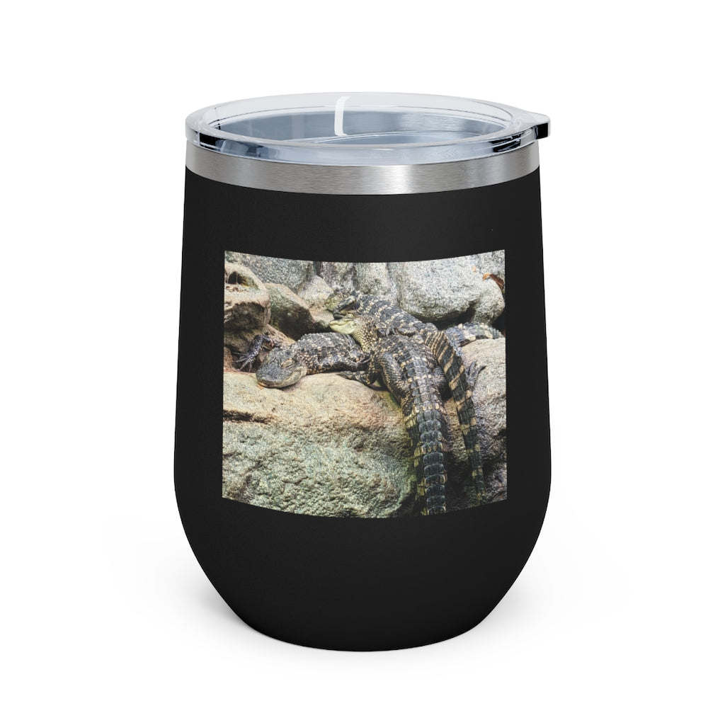 Crocodiles 12oz Insulated Wine Tumbler with clear lid, showcasing stylish design and stainless steel finish.